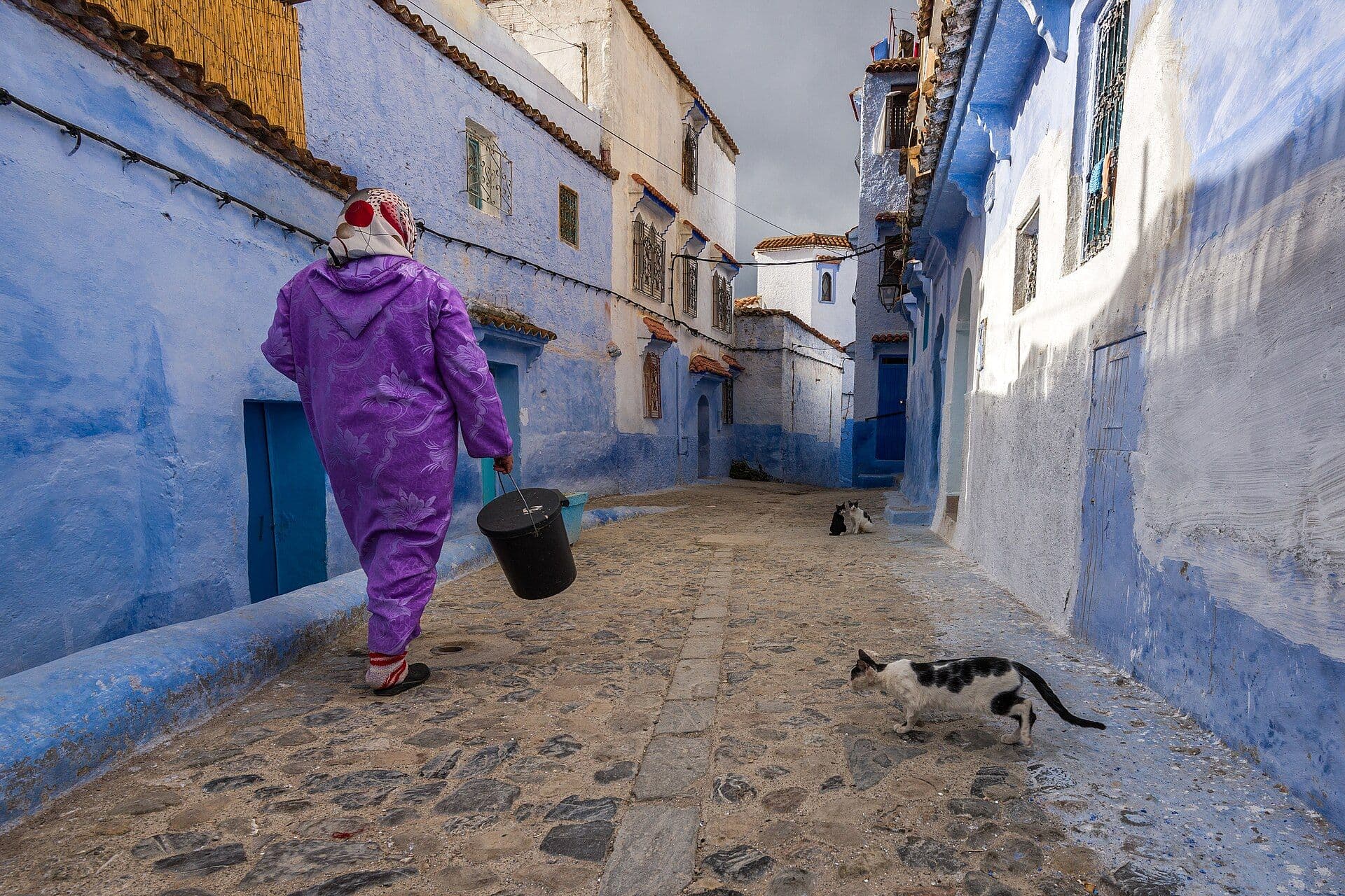 Woman in a purple djellaba walking through a blue alley in Chefchaouen