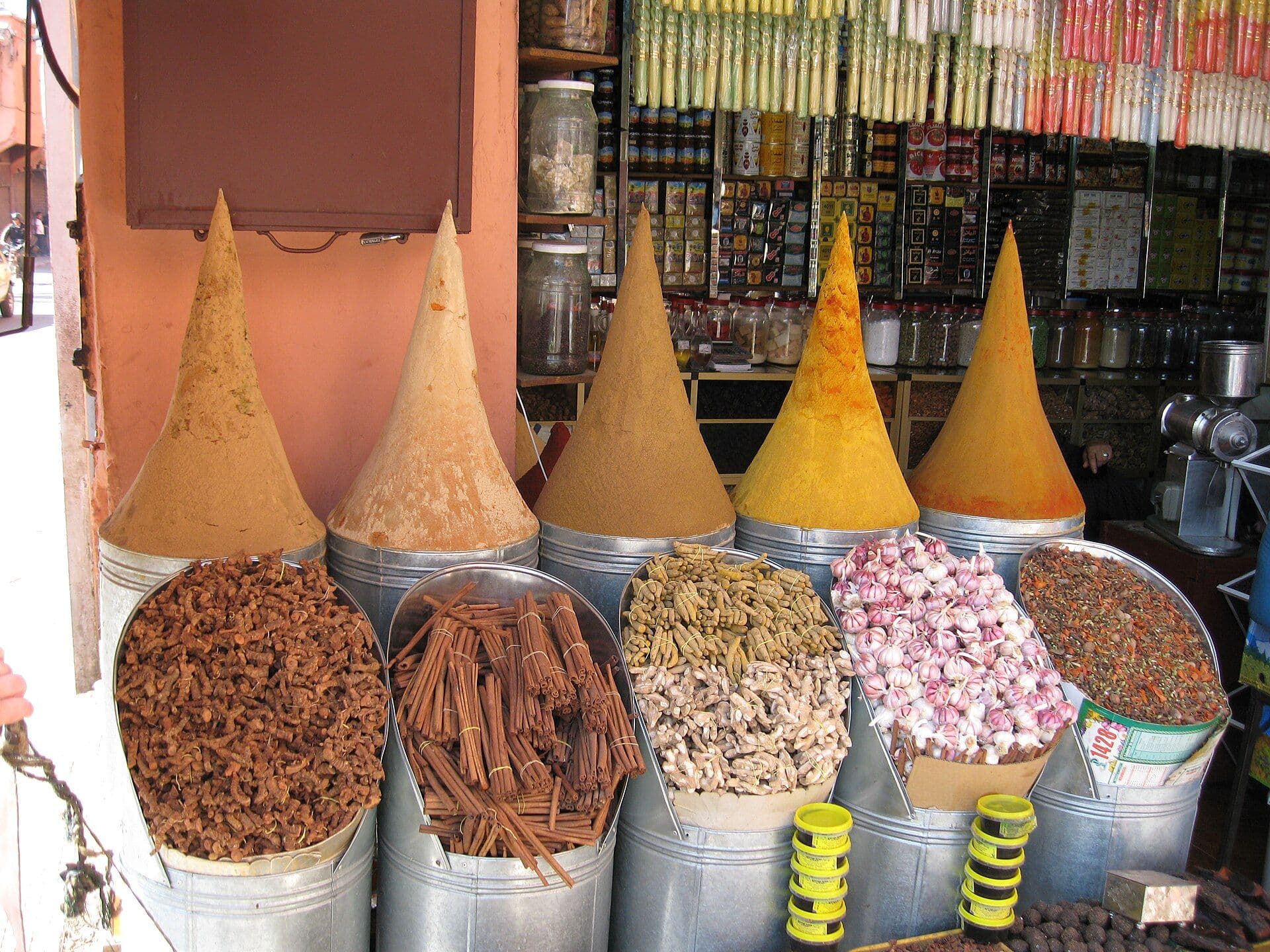 Cones of colored spices at a spice market in Marrakesh