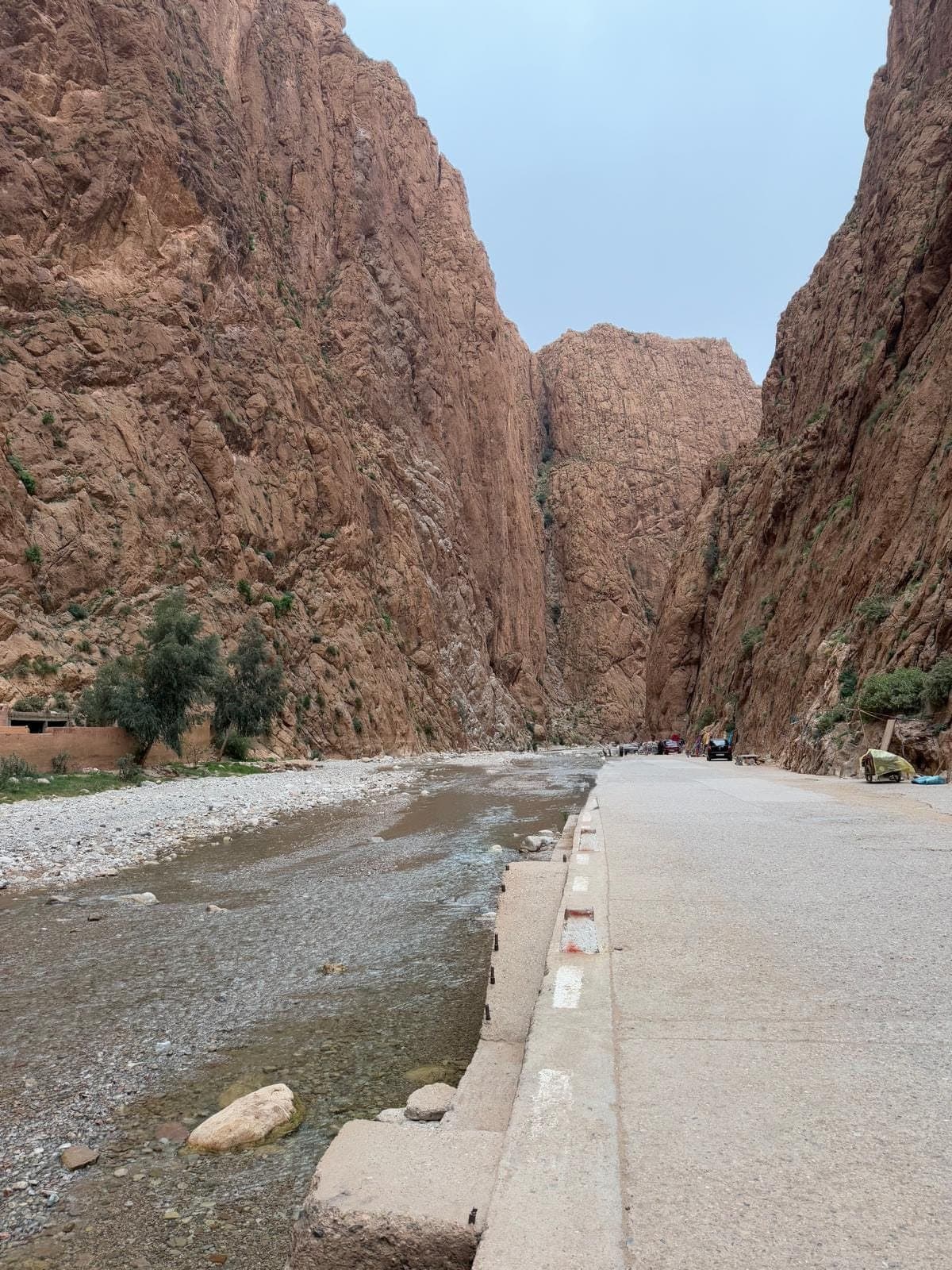 Tall rock walls of the Todra Gorge, with a stream and the road between them